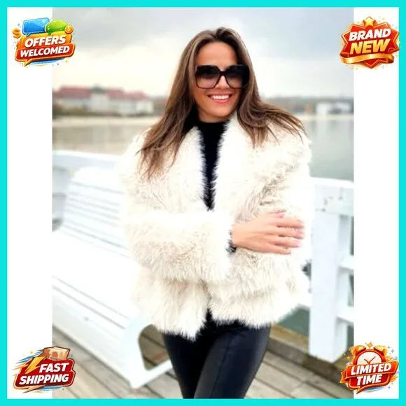 Faux Fur Coat Fluffy Cropped Jacket Long Sleeve Lapel Open Front Warm - Picture 6 of 7